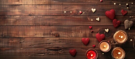 Aufkleber - Valentine s Day themed kraft paper with a wooden background featuring burning candles creating a romantic ambiance and a space for personalized holiday messages. Creative banner. Copyspace image