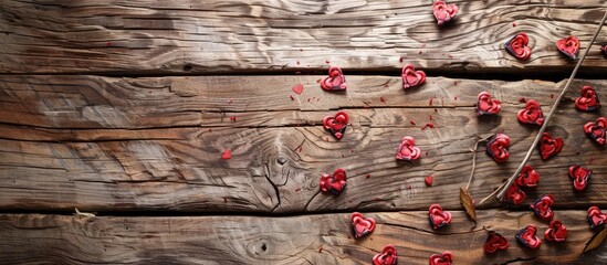 Poster - vintage wooden backdrop with red hearts for valentine s day featuring copy space image