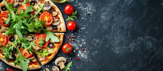Poster - Italian pizza topped with mozzarella tomato olives mushrooms and arugula on a background with copy space image