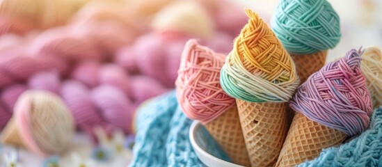 Poster - Engage in a soothing pastime creating vibrant yarn waffle cones with organic cotton Relax and unwind with this comforting hobby to alleviate stress Copy space image