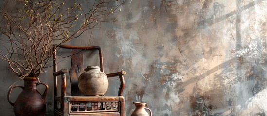 Poster - Vintage retro style interior with a wooden chair clay jugs and branches in the background provide a cozy ambiance in the copy space image