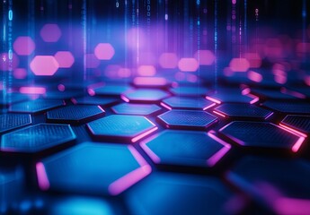 Poster - An abstract background with hexagonal patterns and cool tones, evoking a futuristic and technological aesthetic