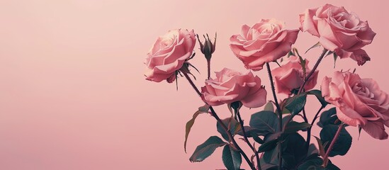 Fototapete - A lovely display of roses on a soft pastel backdrop with room for adding text in an image meant for a minimalist design concept. Creative banner. Copyspace image