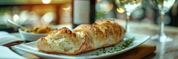 Canvas Print - Appetizing bread dish served on a white plate in a restaurant