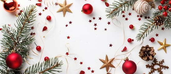 Poster - Festive Christmas setup with wooden decorations and stars on a white backdrop embodying the essence of the holiday season Top view showcasing a captivating copy space image