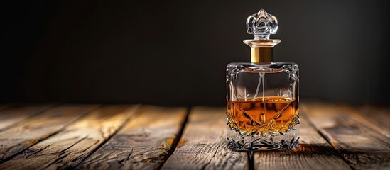 Poster - Perfume bottle displayed on a wooden surface against a black backdrop with copy space image