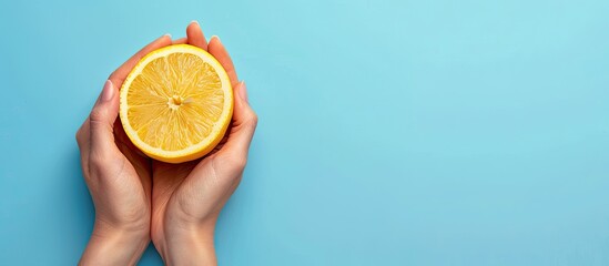 Leinwandbilder - Fresh lemon held against a blue backdrop in a flat lay top view setting with ample copy space illustrating a dietary concept revolving around healthy eating