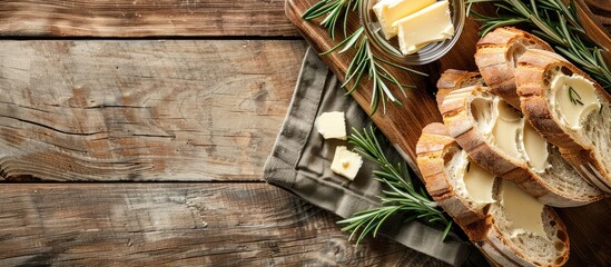 Poster - Rustic wooden board featuring fresh bread slices butter and rosemary on a soft background with copy space image