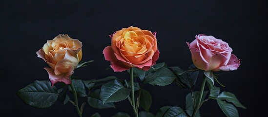 Poster - Three beautiful roses set against a dark black backdrop creating an ideal copy space image