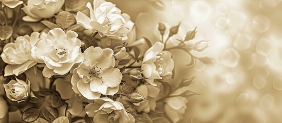 Aufkleber - A festive floral backdrop featuring a bush of blooming white roses with a sepia toned image and room for text or graphics. Creative banner. Copyspace image