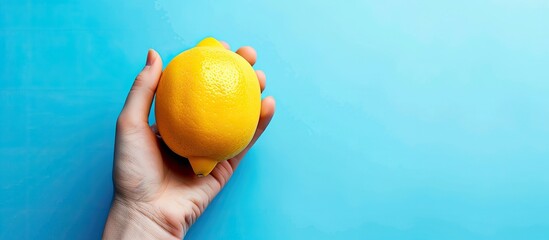 Leinwandbilder - Fresh lemon held against a blue backdrop in a flat lay top view setting with ample copy space illustrating a dietary concept revolving around healthy eating