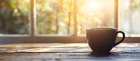 Aufkleber - Morning sunlight illuminates a black coffee cup on a wooden table creating a serene copy space image