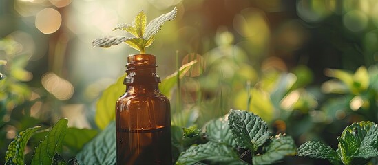 Canvas Print - Selective focus on a bottled peppermint essential oil in a nature themed setting with copy space image available