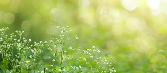 Poster - Green summer nature backdrop with Shepherd s Purse herb Capsella bursa pastoris in focus Ideal for banners with a spacious copy space image