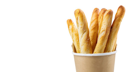 Wall Mural - Baked bread stick in paper bucket on transparent background