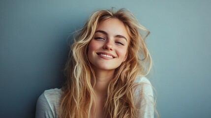 Radiant blonde woman with tousled hair and a beaming smile exudes joy and confidence against a soft blue background, capturing natural beauty and positivity.