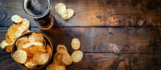 Poster - Snacks and chips pair with dark beer on a wooden surface creating a cozy ambiance in the copy space image