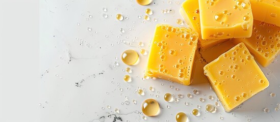 Poster - Yellow soap displayed with copy space image on a crisp white background