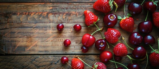 Aufkleber - Top view flatlay of fresh cherries and strawberries on a wooden surface embodying a summer theme with ample copy space image