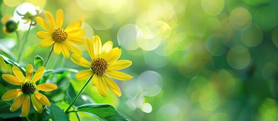 Poster - Wild yellow flower with a lush green backdrop providing ample copy space for images
