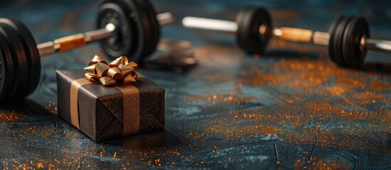 Poster - Fitness equipment and a gift box in the copy space image