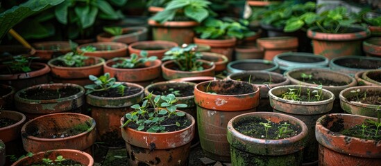Poster - garden filled with sprouting pots surrounded by greenery with ample copy space image