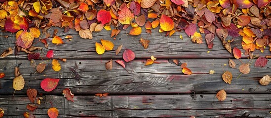 Leinwandbilder - Wooden background covered with autumn leaves ideal for a copy space image