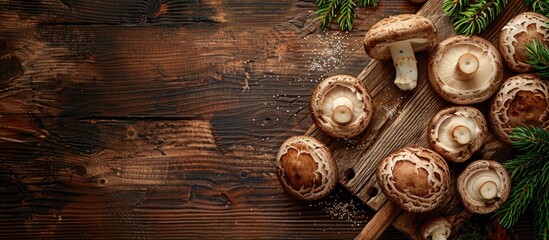Aufkleber - Mushrooms on a wooden board with copy space image