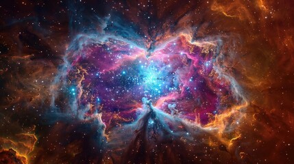 Wall Mural - A stunning view of a colorful nebula in deep space, showcasing vibrant gases and bright stars in a cosmic dance of light and color.