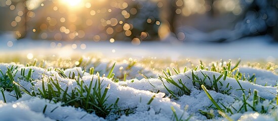 Wall Mural - Snow covers green grass surprising it with a new unexpected winter coat creating a dramatic contrast in the copy space image