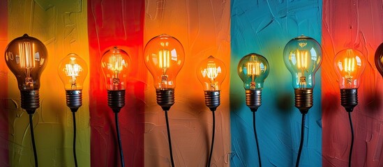 Poster - Vintage Edison bulbs enhance a colored wall embodying the idea and leadership concept creating a captivating copy space image