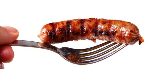 Aufkleber - Male hand holding a grilled sausage on a fork against a white background perfect for a BBQ Festival Poster or picnic theme highlighting the concept of food cooking and taste with copy space for an ad