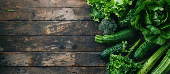 Poster - Top down view of a wooden table featuring fresh green vegetables ideal for a copy space image