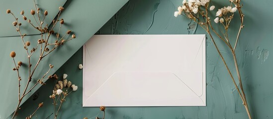 Aufkleber - Mockup featuring a white card a craft envelope and a dry flowering plant on a green surface viewed from above with space for adding images or text. Creative banner. Copyspace image