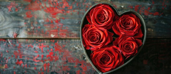 Fototapete - Red roses arranged in a heart shaped gift box for a wedding themed image focused on National Wedding Planning Day with a special occasion background perfect for copy space