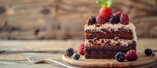 Wall Mural - Tasty cake on a wooden backdrop with copy space image