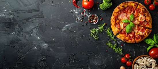Poster - Overhead view of a black desk or chalkboard with enough space for text or images suitable as a food themed background. Creative banner. Copyspace image