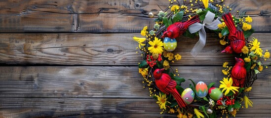 Aufkleber - Creating an Easter wreath with colorful eggs red birds yellow flowers ribbons and a bow on a wooden backdrop showcasing a copy space image