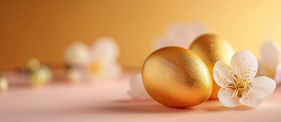 Aufkleber - Selective focus on a pastel background with a golden Easter egg including ample space for text in the image