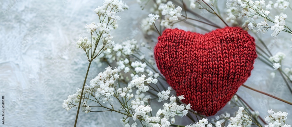 Romantic background featuring a red knitted love heart and white ...