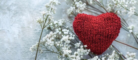 Poster - Romantic background featuring a red knitted love heart and white heather flowers ideal as a symbol of love with spare area for text in the image. Creative banner. Copyspace image
