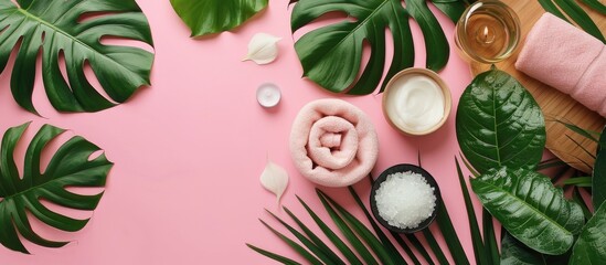Poster - Tropical themed spa set arrangement with Monstera leaves on a pink backdrop in a top down view ideal for fashion and wellness copy space image