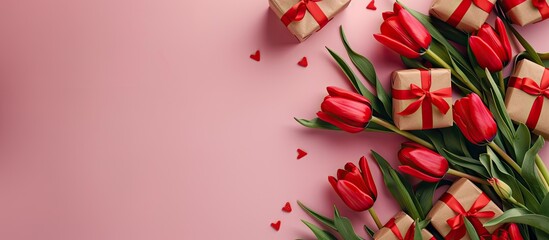 Aufkleber - Top view of red tulip bouquet with gift boxes on a pink background featuring a central copy space image