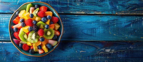 Poster - Fresh fruit salad on rustic blue wood background for a health conscious active lifestyle ideal for diet and fitness promotion with available copy space image