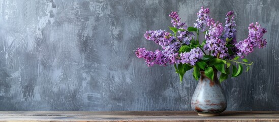 Poster - Lilac bouquet in a vase on a wooden table against a concrete wall in a copy space image