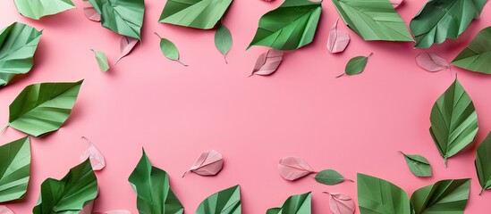 Aufkleber - Lovely origami leaves showcased on a pretty pink backdrop with ample copy space image