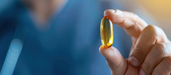 Poster - A man displays a fish oil capsule against a blue backdrop showcasing the doctor s advice for enhancing heart health and preventing blood clots with ample copy space image