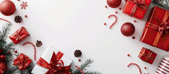 Poster - Festive Christmas arrangement featuring red toys against a white backdrop with holiday gifts presented in a top down view with blank space for additional images