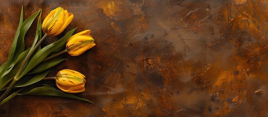 Poster - Yellow tulips arranged on a rustic brown backdrop with copy space image