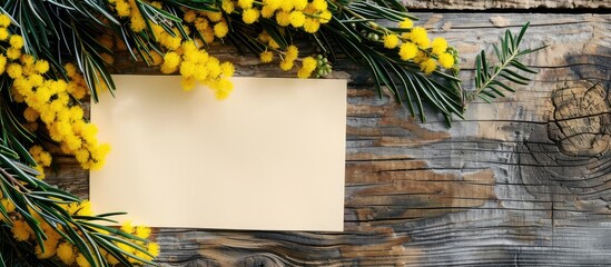 Aufkleber - Mimosa flowers beautify a wooden background with a blank paper for text in the image. Creative banner. Copyspace image